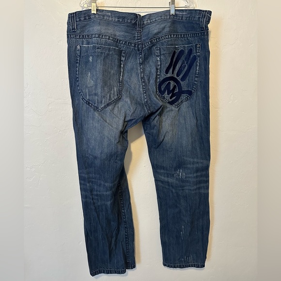 MISKEEN ORIGINALS Denim Jeans Blue Sz 44x33 EMBROIDERD LOGO Distressed Y2K Vtg - Picture 1 of 8